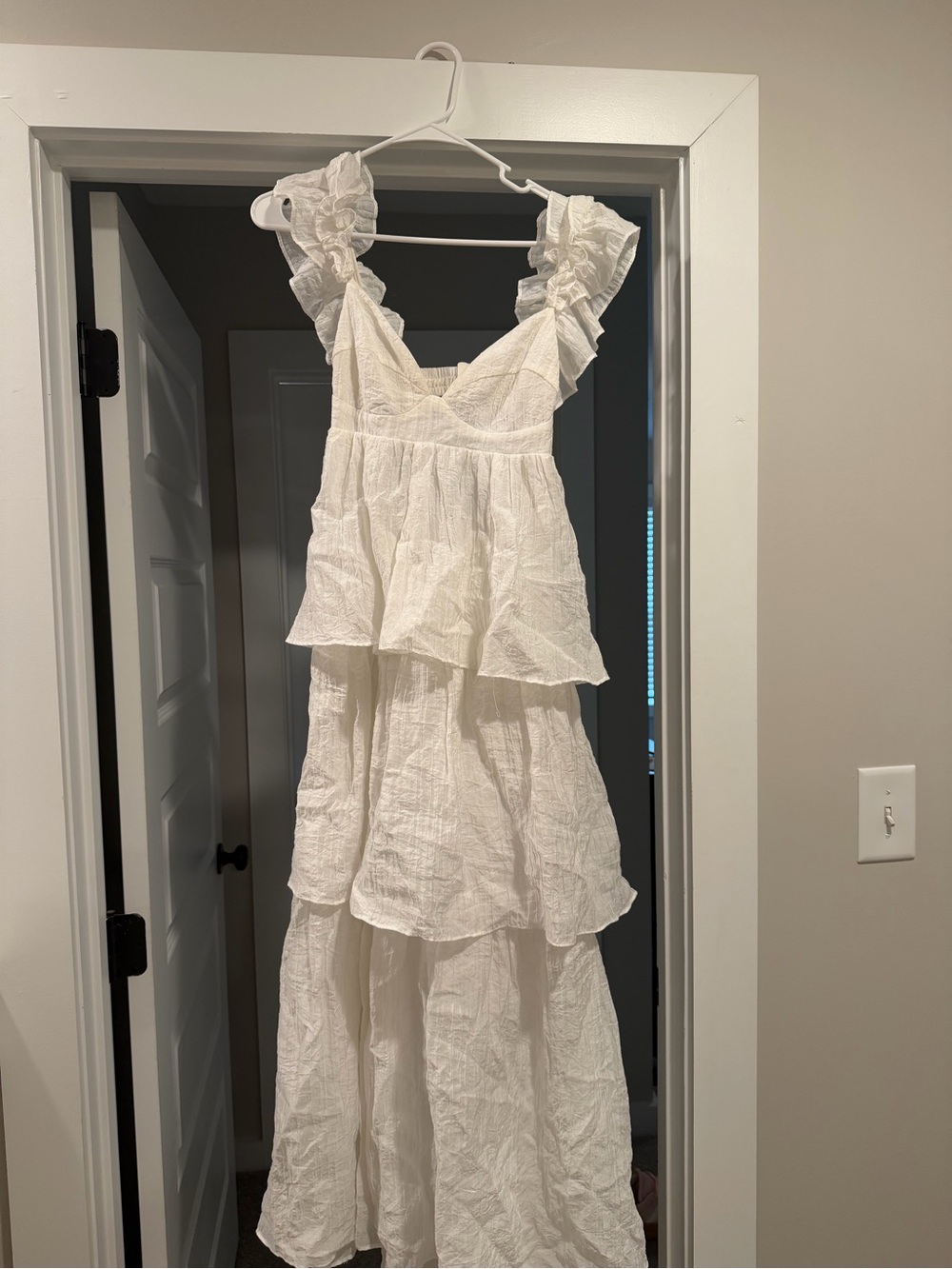 Olivaceous White Tiered Ruffle Maxi Dress